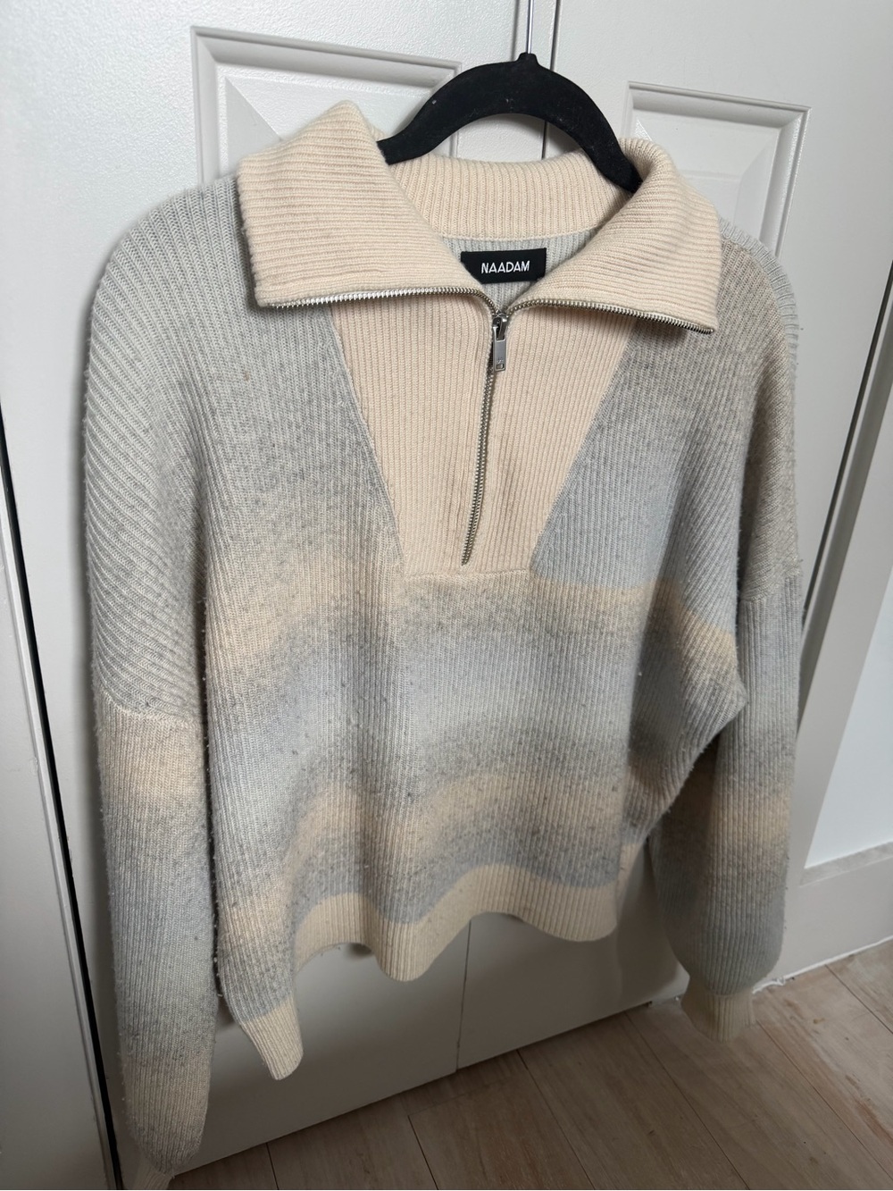 Naadam Cashmere Half-Zip Ribbed Pullover in Cream and Light Gray